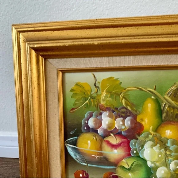 Vintage Basket Apples And Grapes Oil Signed Renwick 13/15”